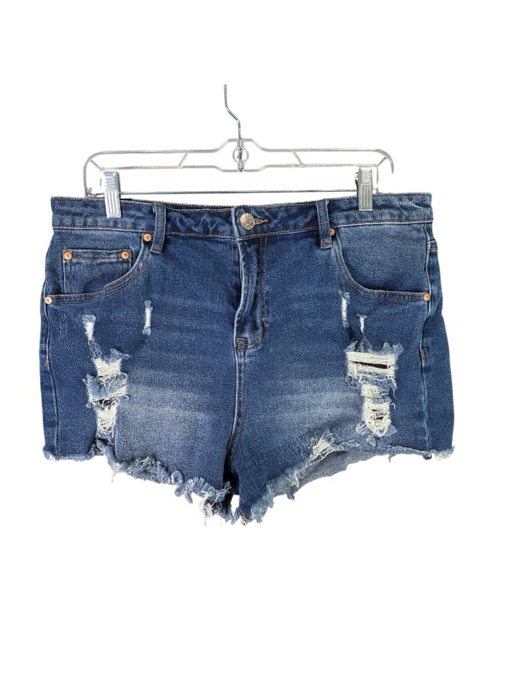 Juniors Almost Famous Distressed Blue Denim Shorts Frayed Hem 3" Inseam Size 15